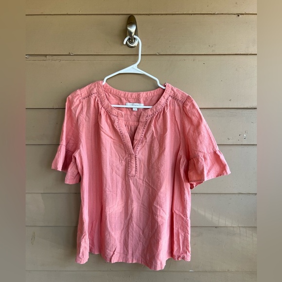 LOFT Women's Pink Ruffle Sleeve Top Size L Casual Modest Peasant Hippie Boho - Picture 1 of 5